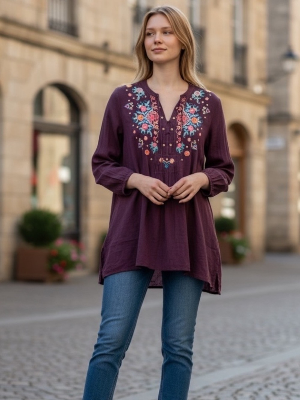 Johnny Was Eggplant Purple Floral Embroidered Tunic Top Oversized Size S